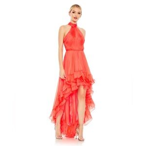 Mac Duggal 55807 Ruffle Tiered High Low Pleated Halter Gown Tangerine Size 6